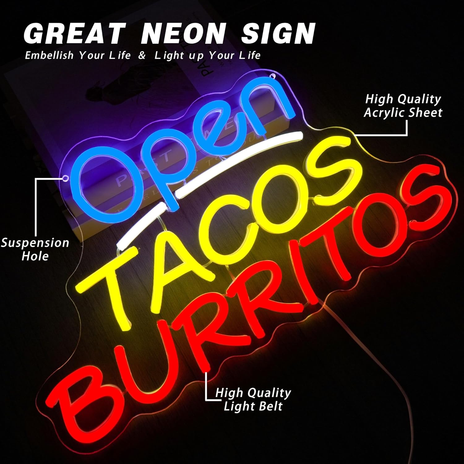 Open Tacos Burritos Neon Sign  - Outdoor Lighting Restaurant ulasan dan harga